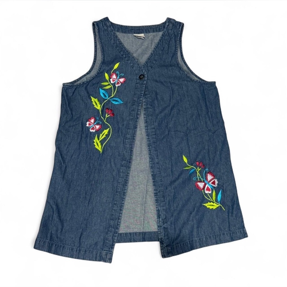 Vintage Blair Denim Tunic Top Floral Embroidered Butterflies 90s Art Teacher